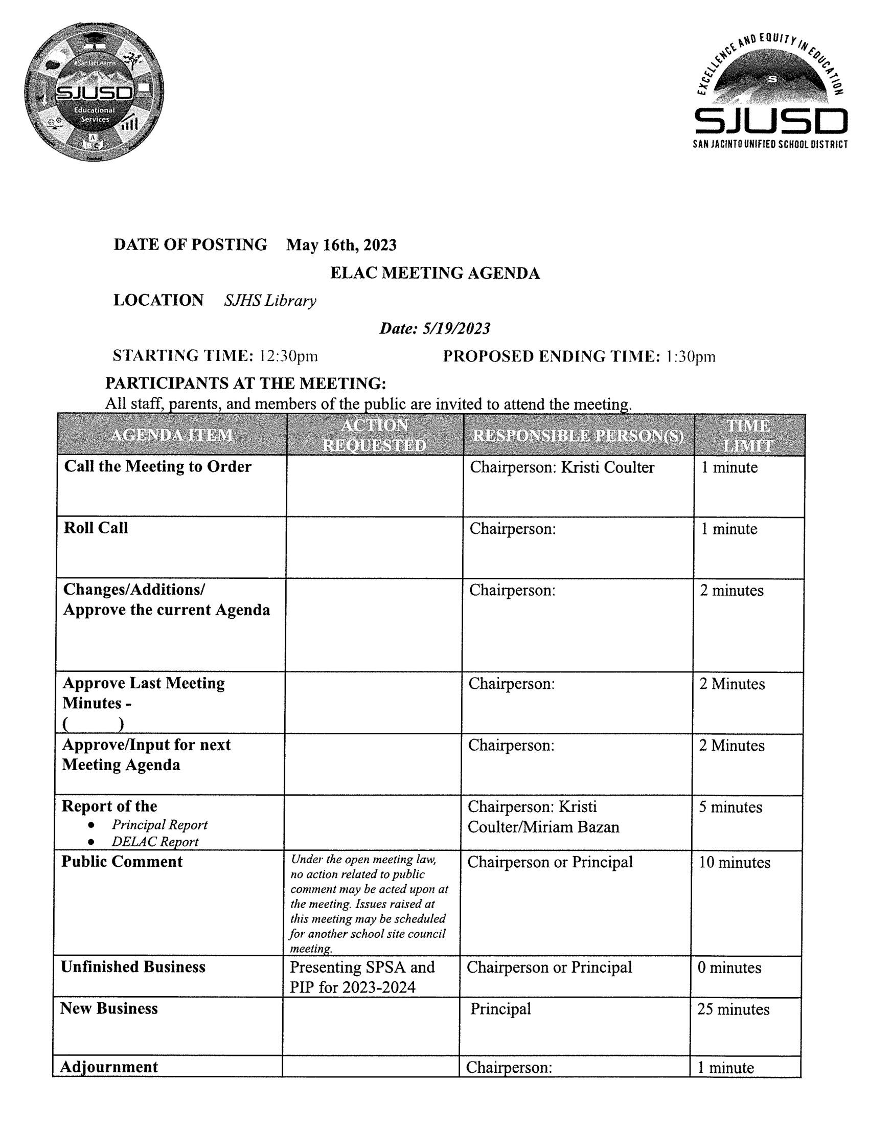 ELAC Agenda for May 19th 2022-2023 